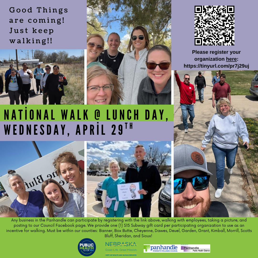 National Walk @ Lunch Day, Wednesday April 29th. Good Things are coming! Just keep walking! QR code: Please register your organization here: https://tinyurl.com/pr7j29uj. 